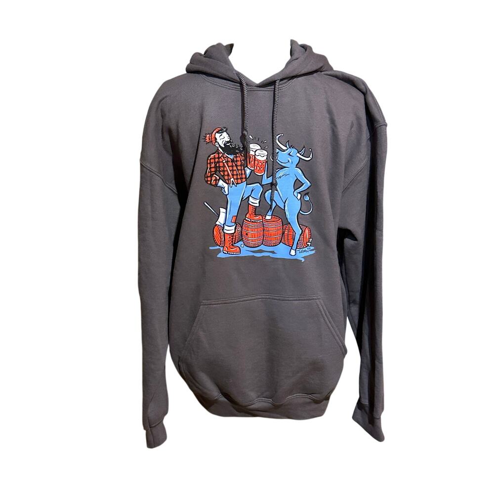 Adam Turman Mens Large Paul Bunyan Babe Blue Ox Beer Graphic Hoodie Gray MN